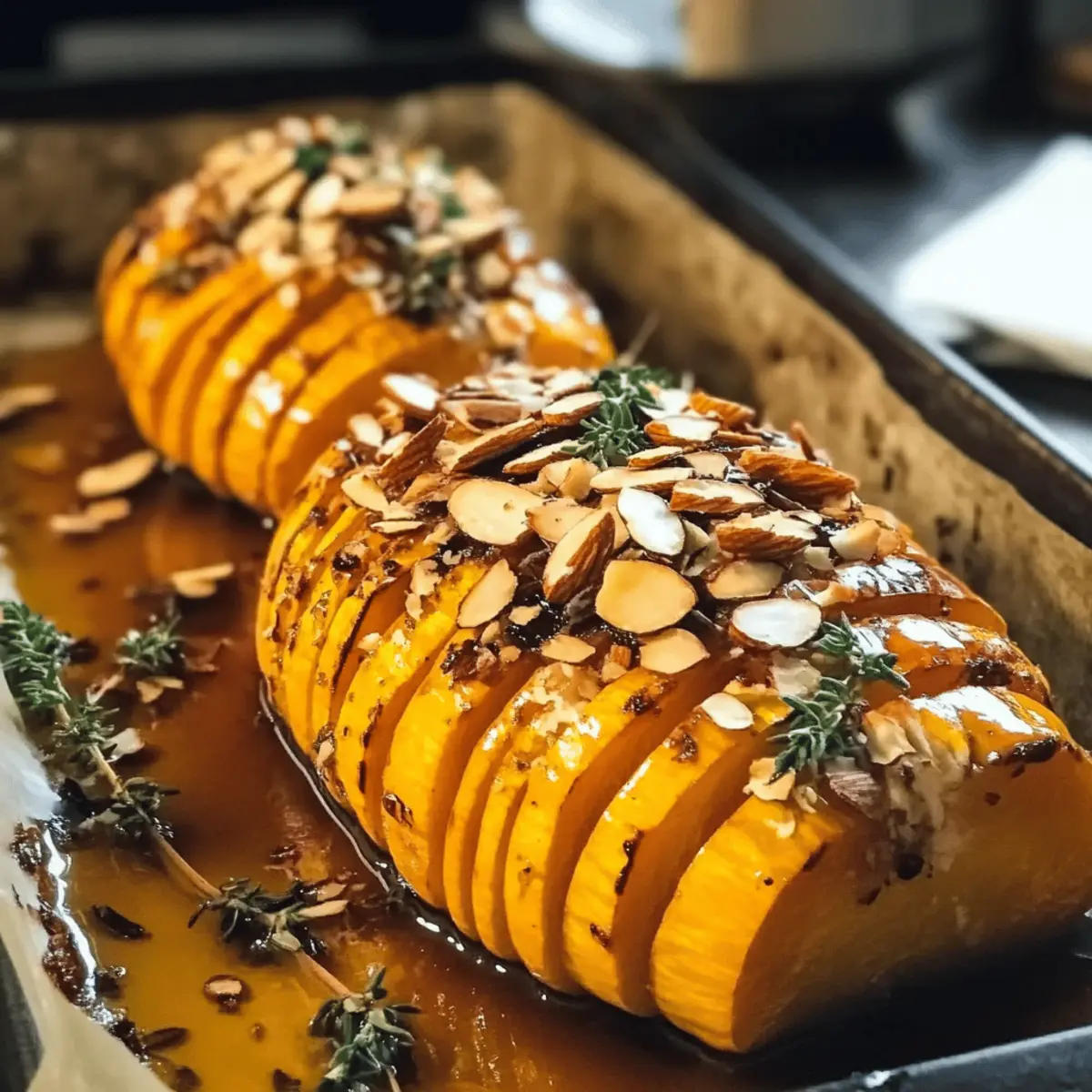 Hasselbackbutternutkürbis mit Honig und Mandeln einfach selbst gemacht
