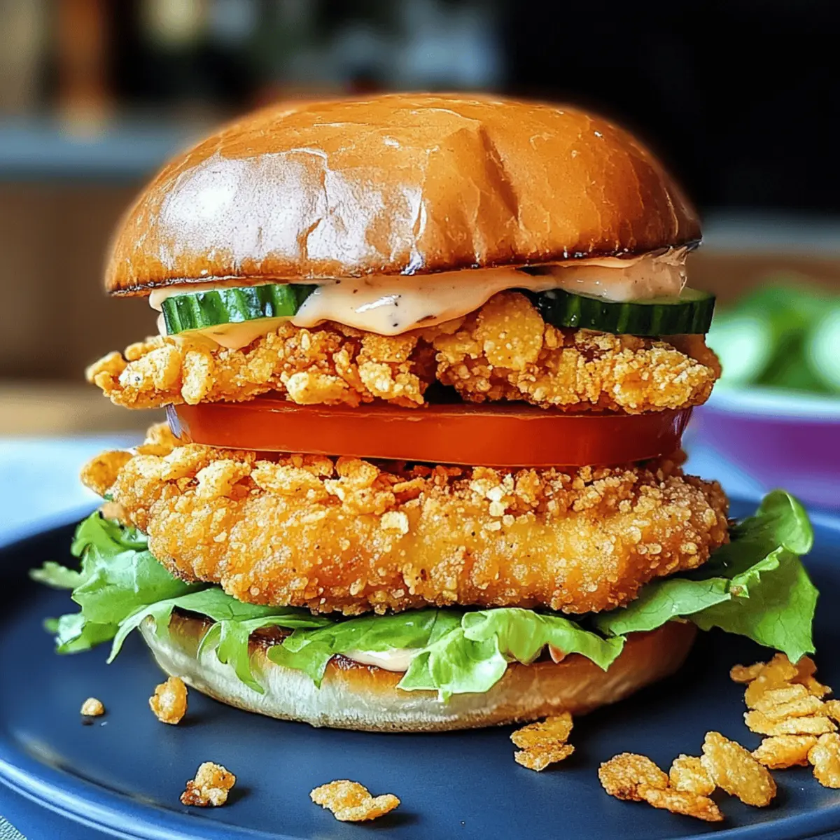 Crispy-Chickenburger mit Cornflakes frisch aus dem Ofen