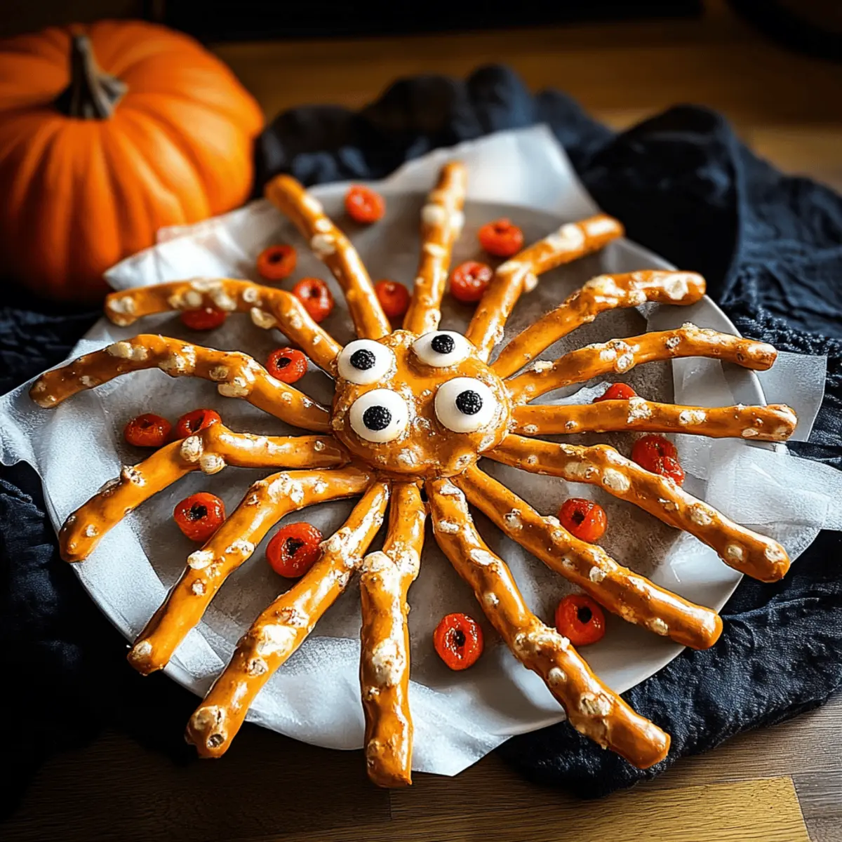 Spinne aus gefrorenen Laugenstangen für Halloween