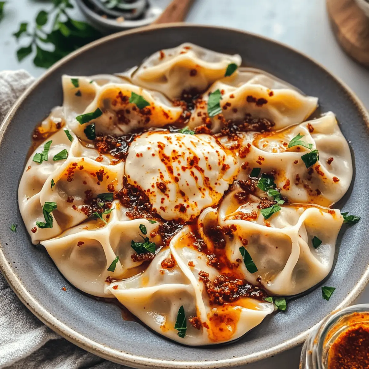 Vegane Manti-Teigtaschen mit würzigem Dip