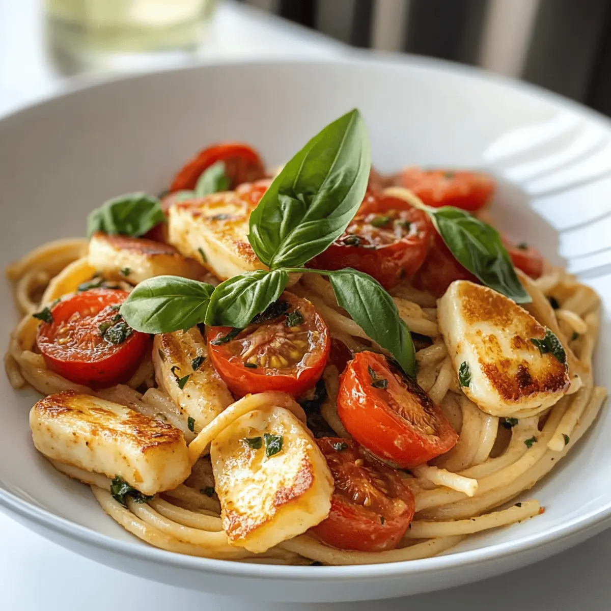 Cremige Halloumi-Pasta mit Tomaten und Basilikum
