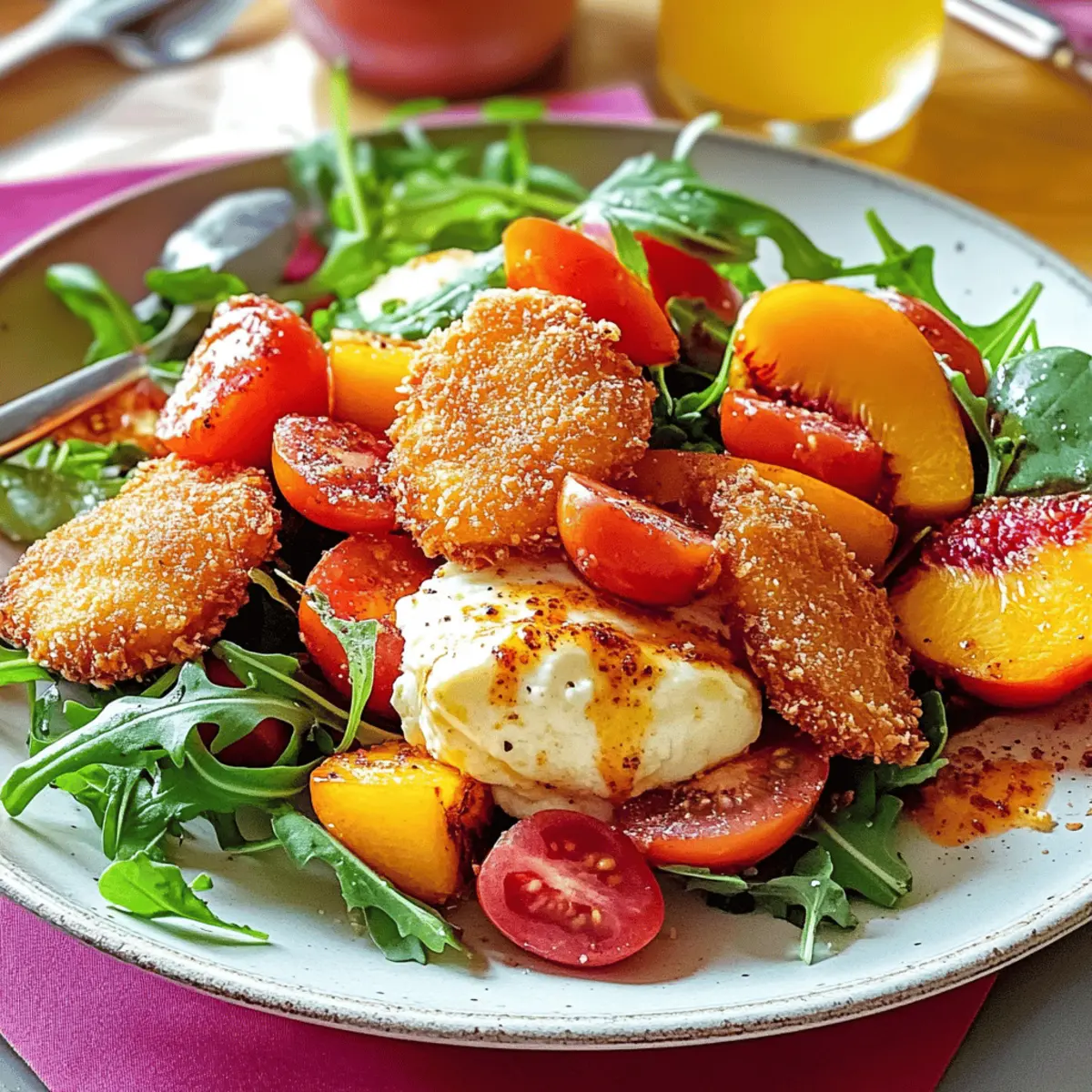 Frittierte Burrata auf Tomaten-Pfirsich-Salat genießen