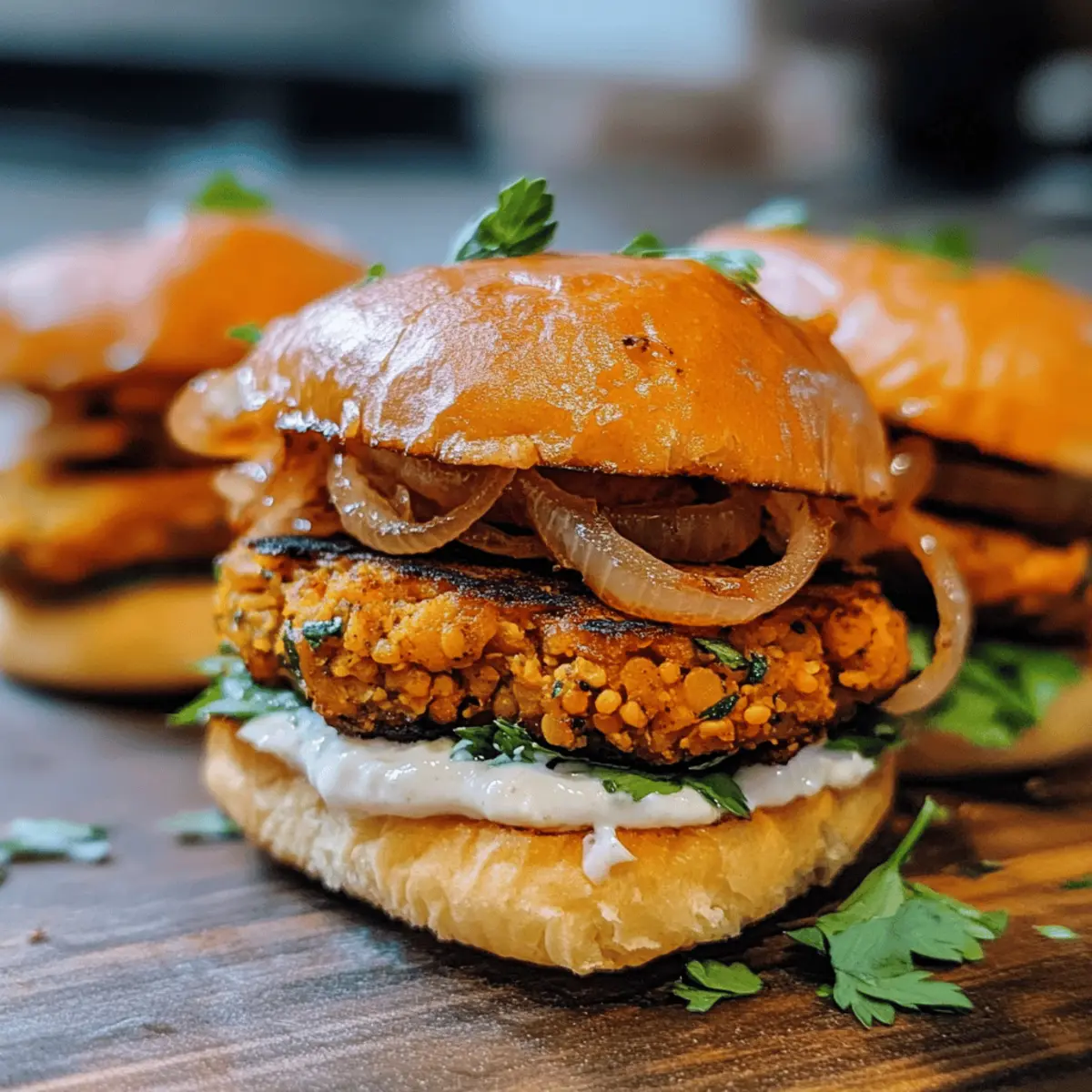 Kürbis-Zwiebel-Burger-Brötchen mit Linsen-Patties
