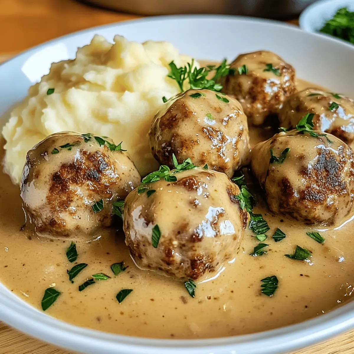 Hackbällchen in cremiger Sauce mit Kartoffelpüree genießen
