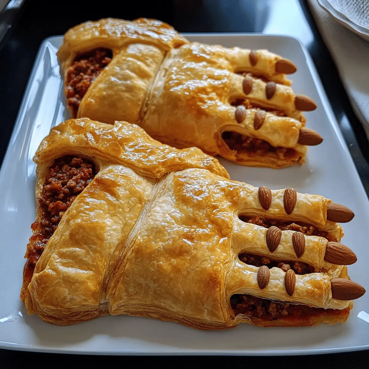Blätterteighände mit Tomaten-Fleischfüllung für Halloween