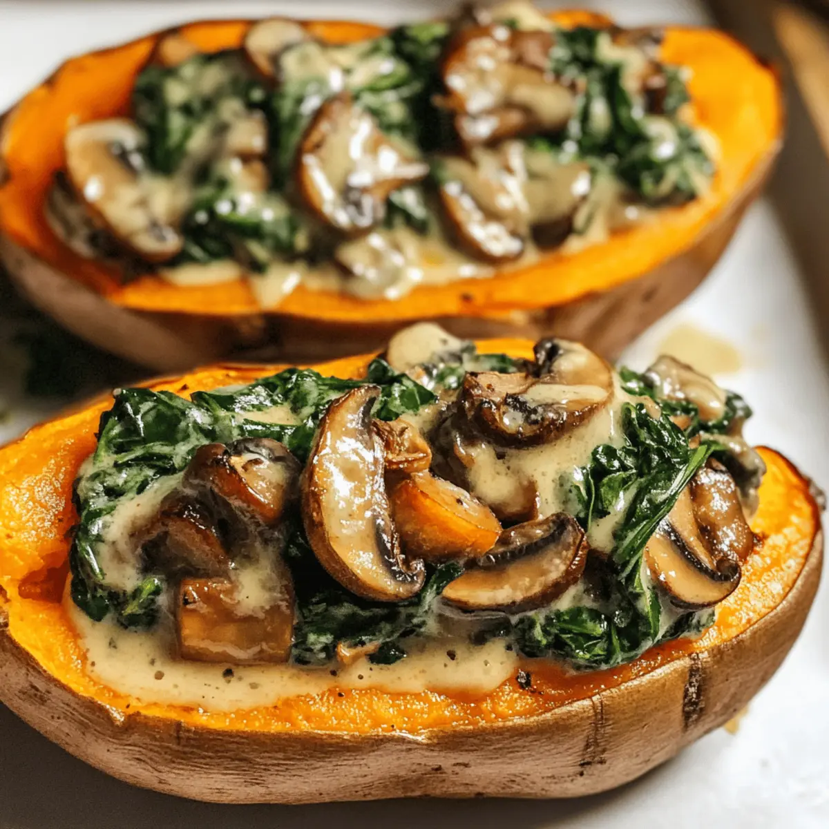 Cremig gefüllte Süßkartoffeln mit Pilzen und Spinat