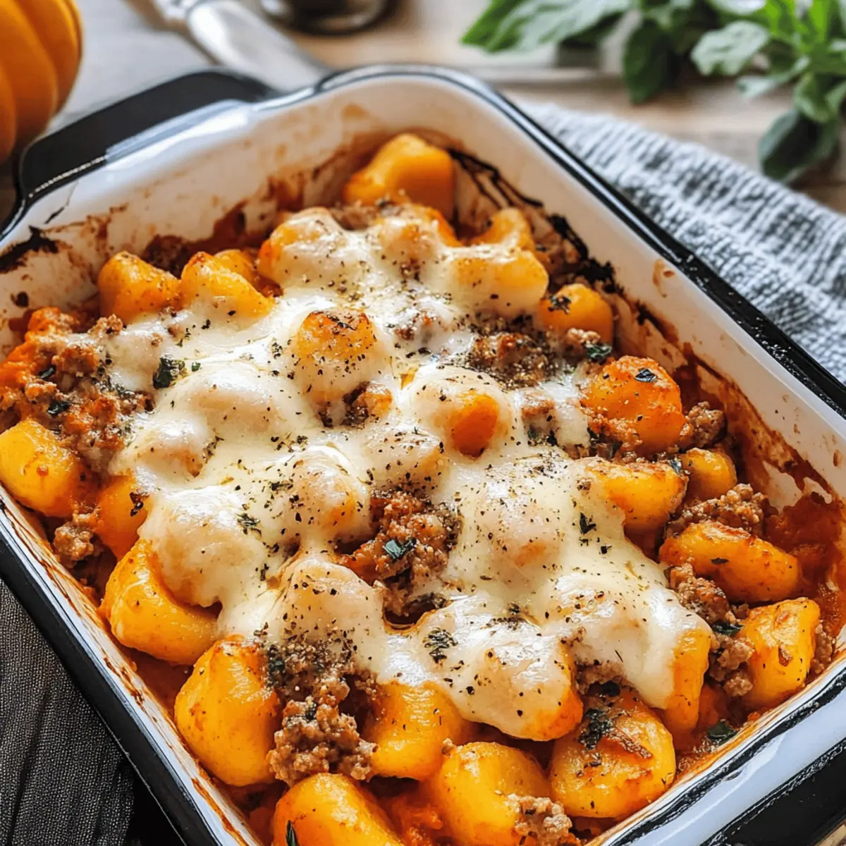 Gnocchi-Auflauf mit Kürbis, Hackfleisch und Mozzarella