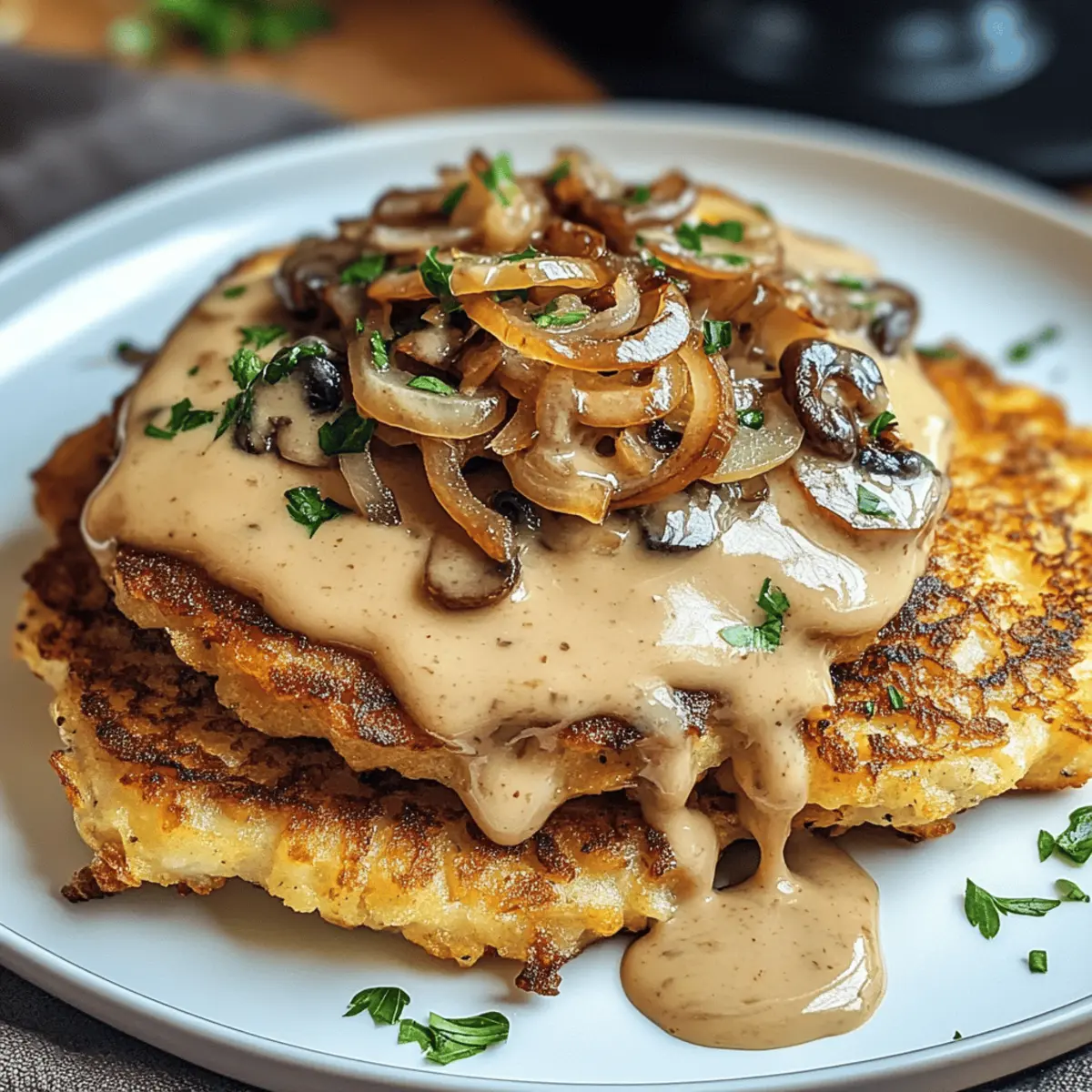 Mozzarella Rösti mit Zwiebel-Pilzrahmsoße ganz einfach