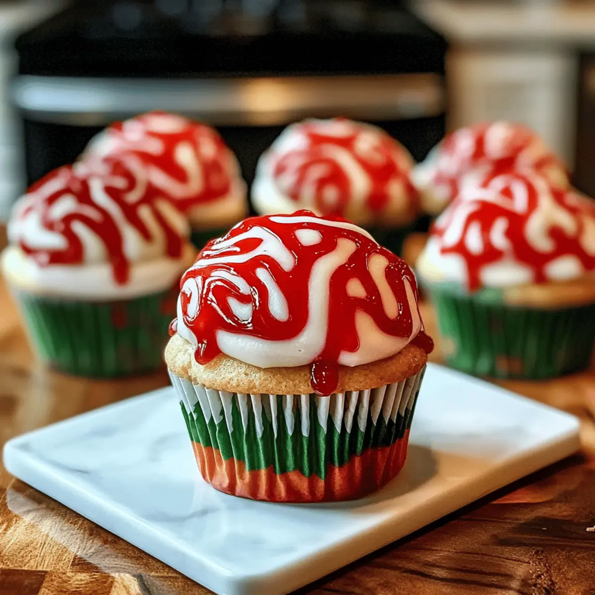 Leckere Halloween-Cupcakes mit Zombie-Gehirn-Frosting