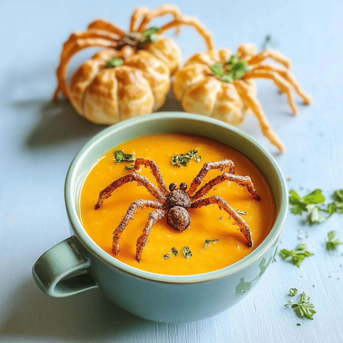 Kürbissuppe zu Halloween mit Spinnen aus Teig