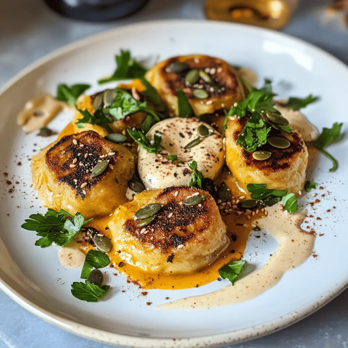 Vegane Kürbisknödel mit cremigem Miso-Tofu