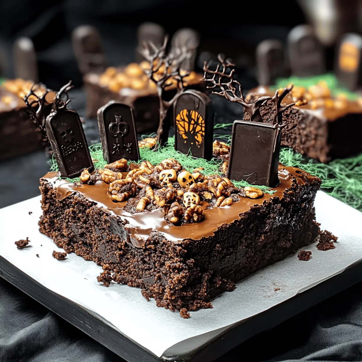 Schokoladenbrownie-Friedhof für ein festliches Halloween