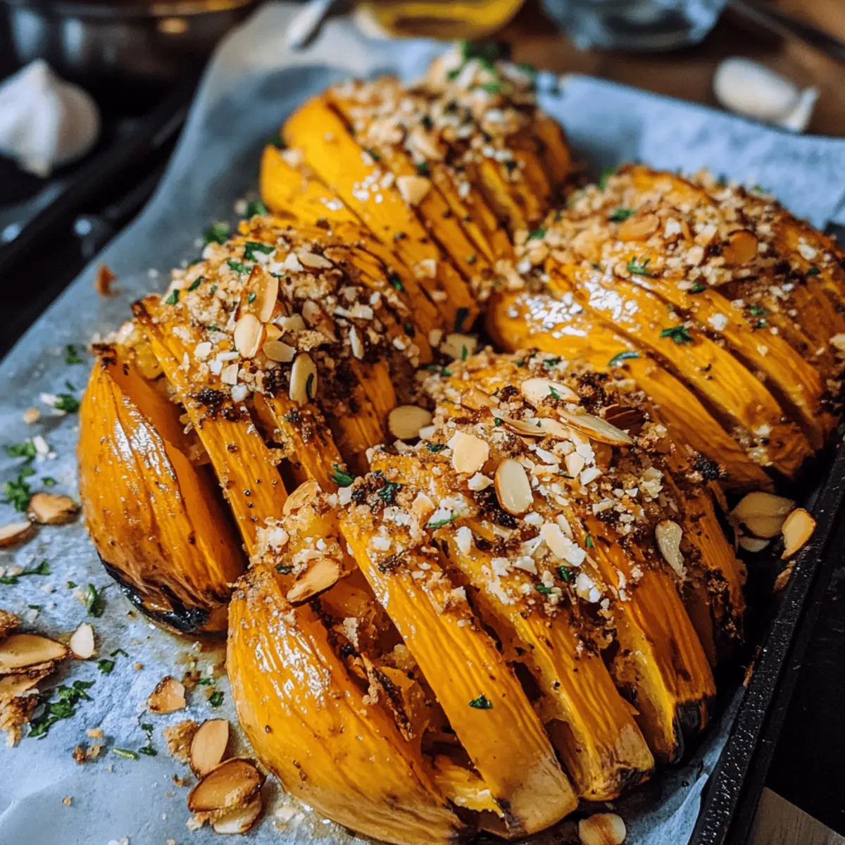 Hasselback-Butternut mit knuspriger Topping-Überraschung