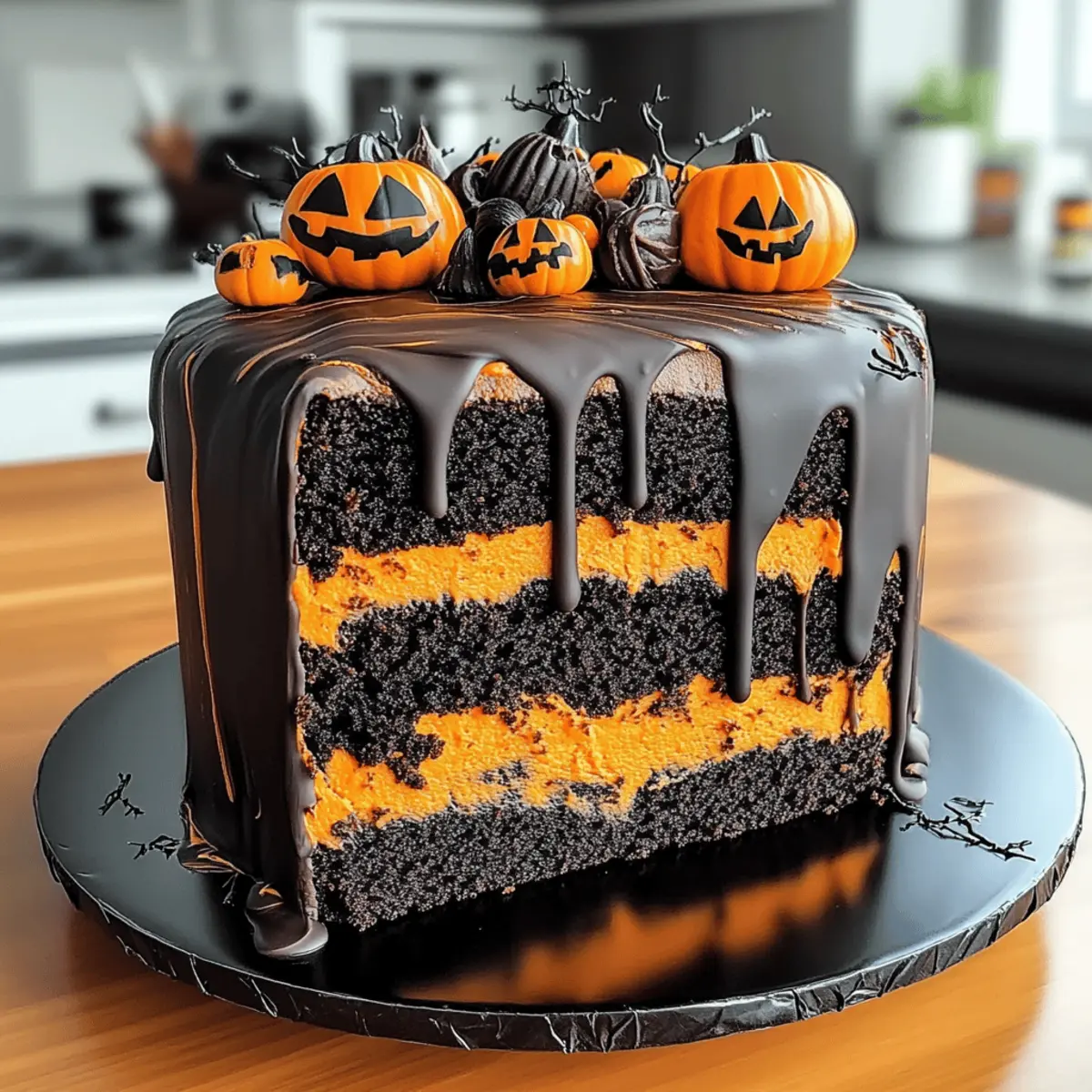 Schwarz orangefarbener Halloween Kuchen für gruselige Feste