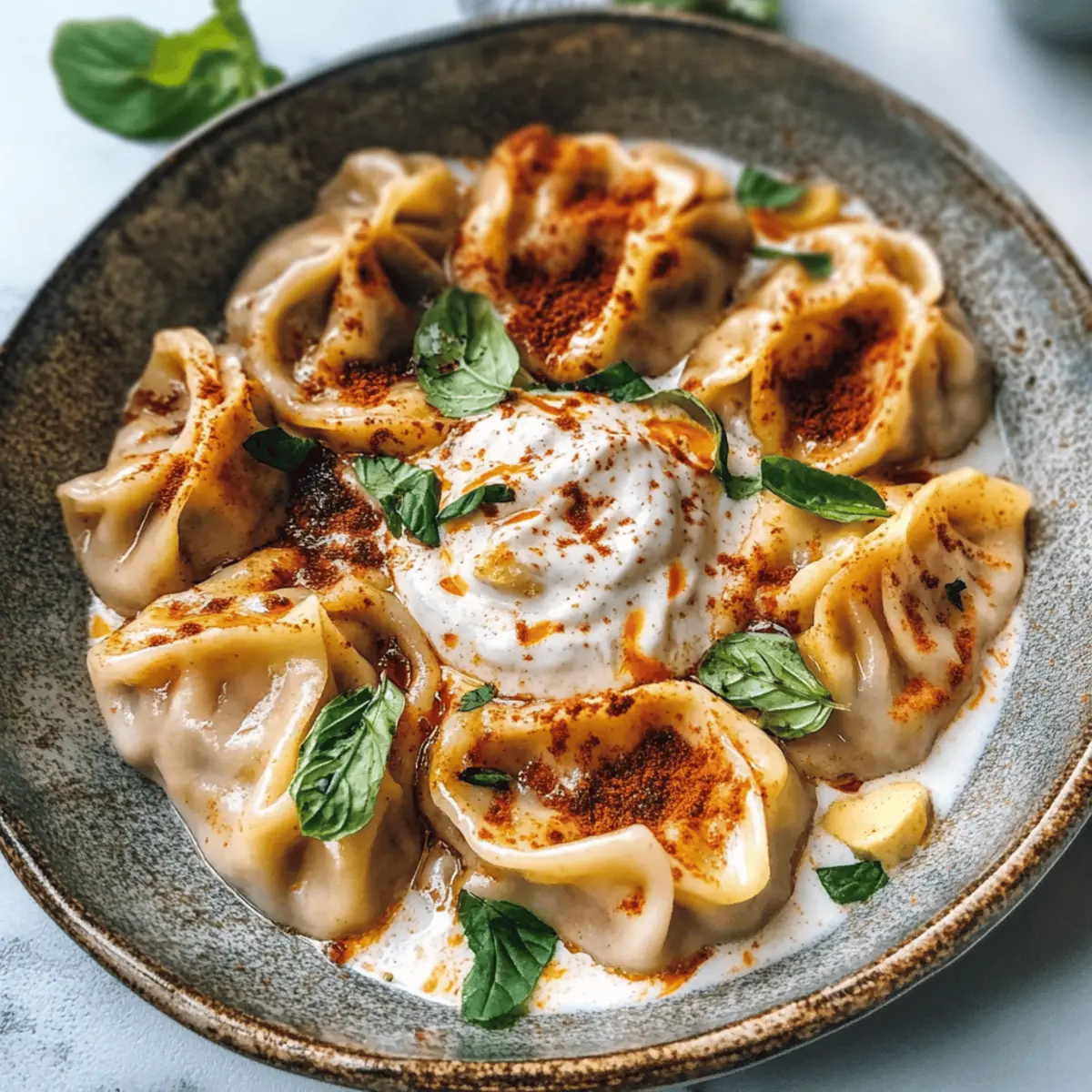 Vegane Manti-Teigtaschen mit dicker Joghurtsoße