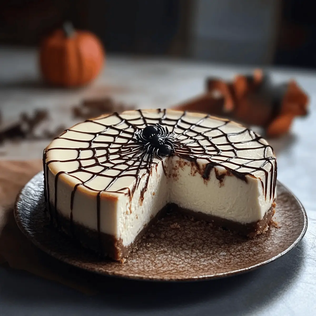 Käsekuchen mit Zimt und Spinnennetz für Halloween