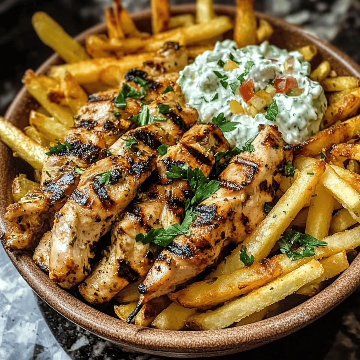 Hähnchen Souvlaki Schüsseln mit knusprigen Knoblauchpommes