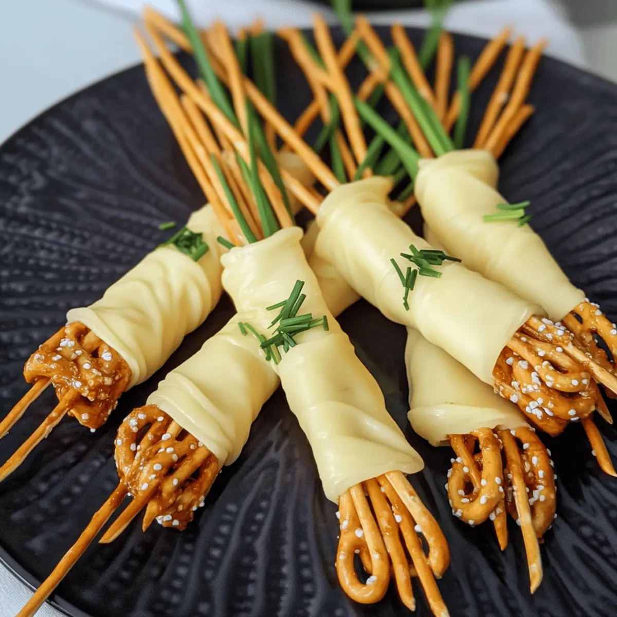 Halloween-Snack Hexenbesen mit Käse und Salzstangen