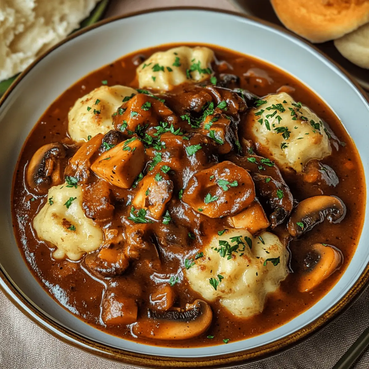 Vegan Gulasch mit Pilzen und Semmelknödeln