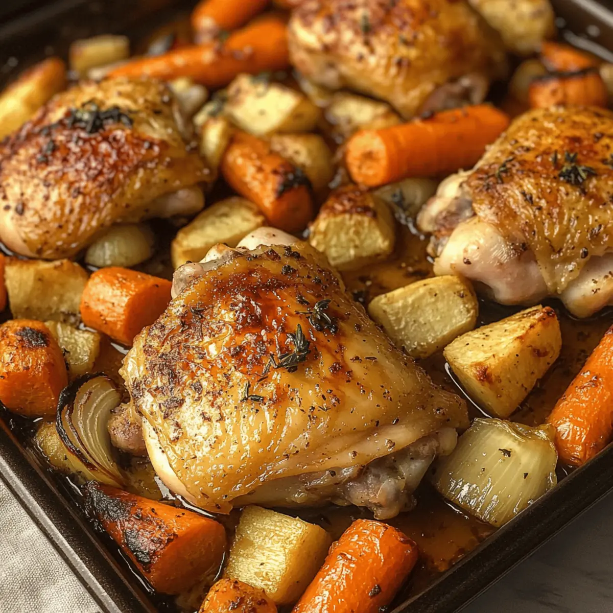 Hähnchenschenkel mit Wurzelgemüse aus dem Ofen