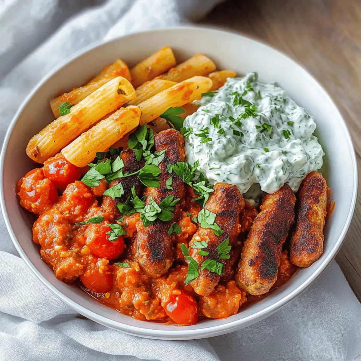 Tomaten Kritharaki mit veganen Cevapcici und Tzatziki