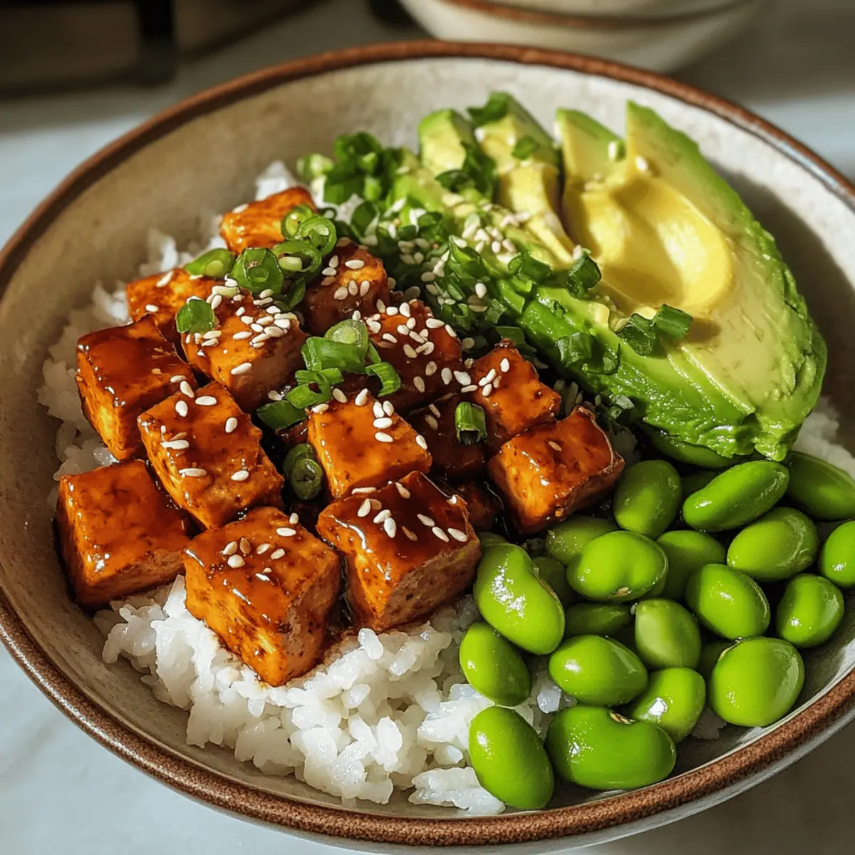 Knuspriger Klebriger Tofu mit Avocado genießen