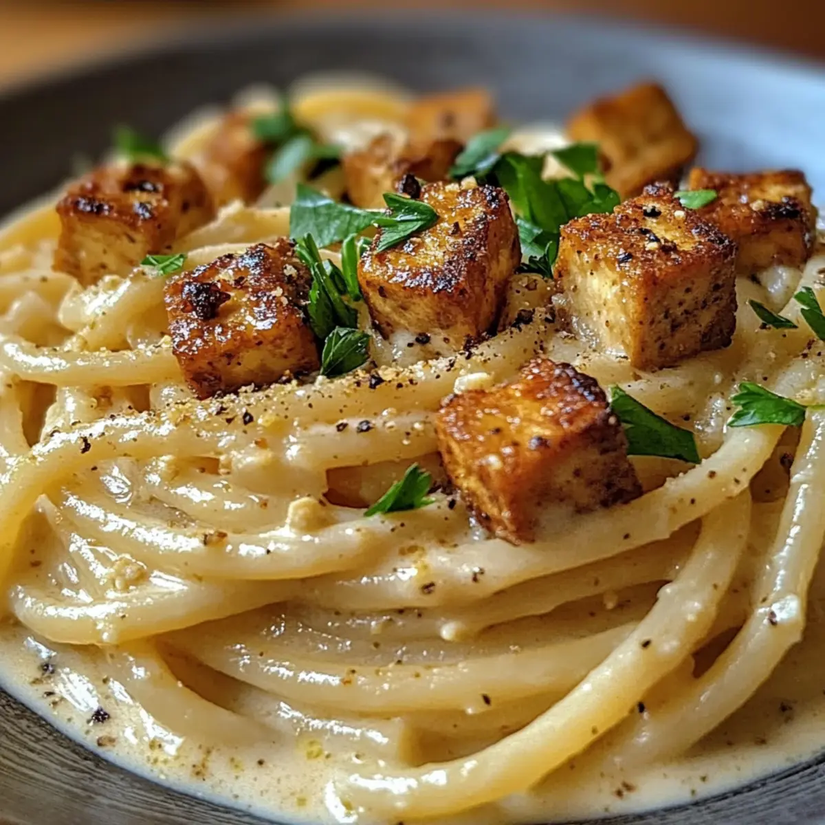 Genieße schnelle Geräucherte Tofu-Carbonara zuhause