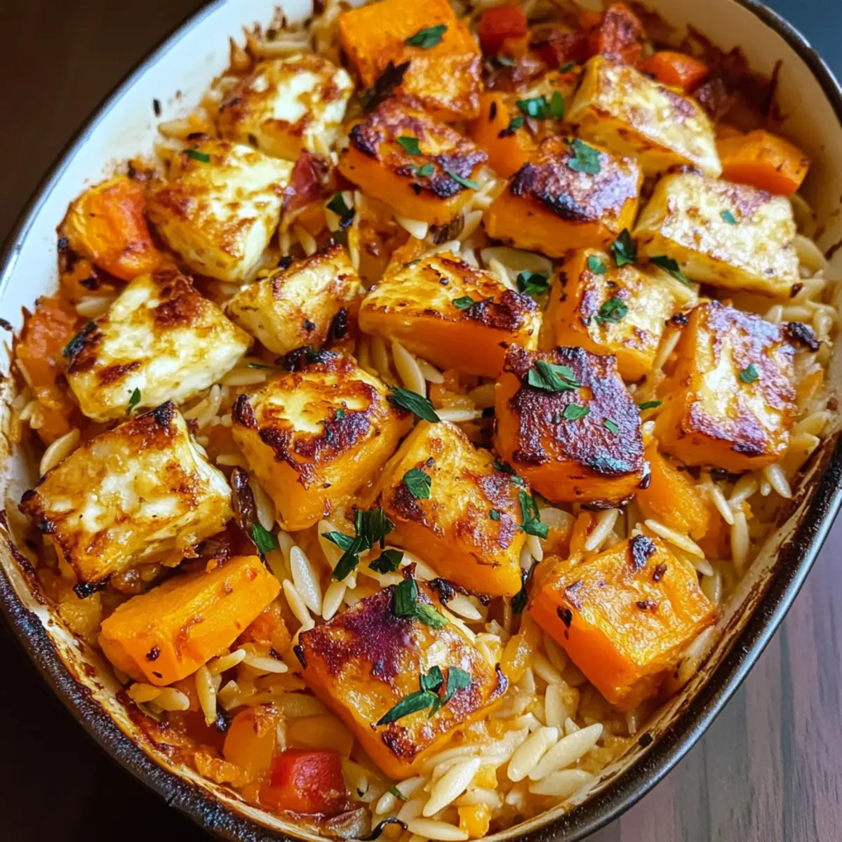 Herbstlicher Halloumi Orzo Auflauf für die ganze Familie
