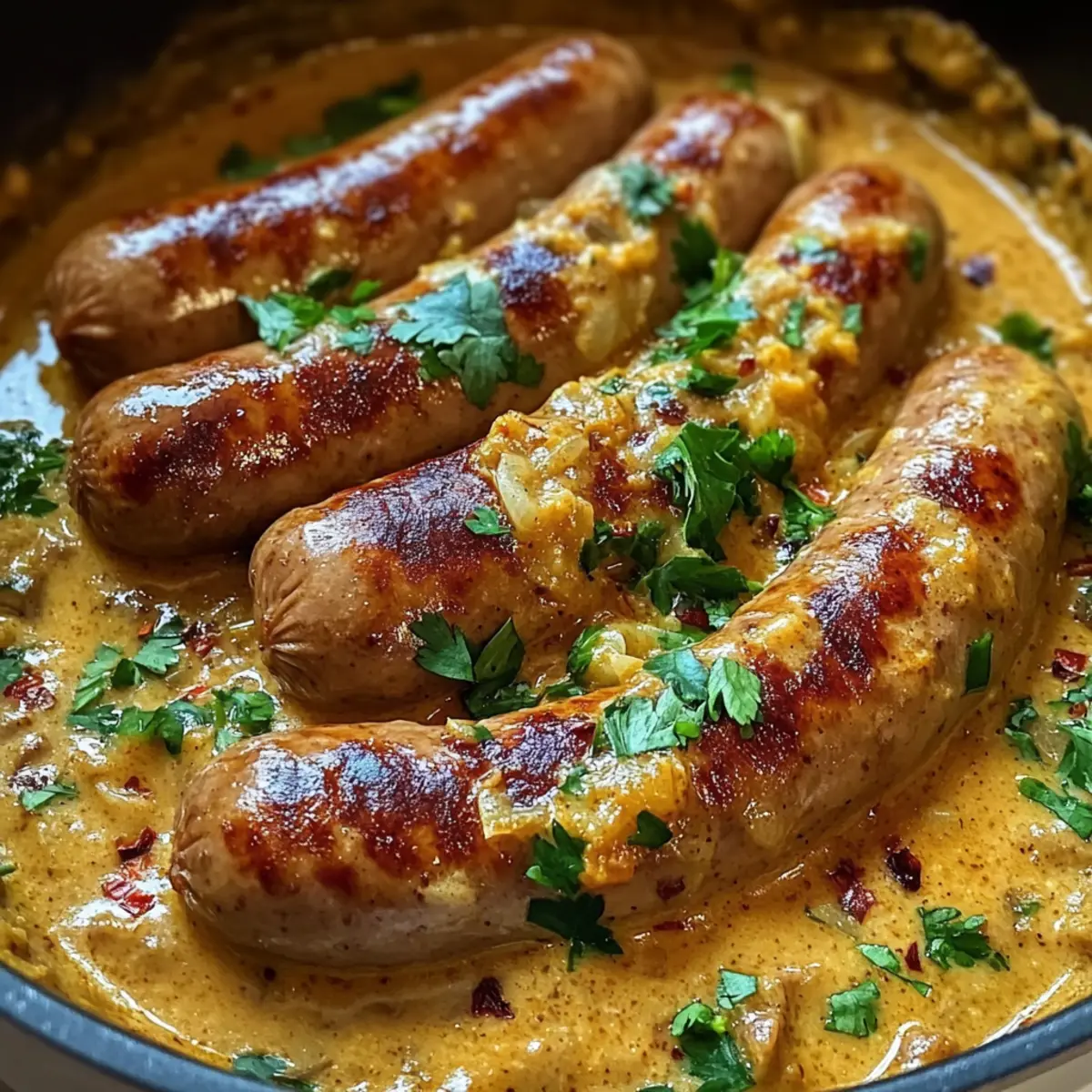 Herzhafte Bratwurst in Zwiebel-Curry-Sahnesauce