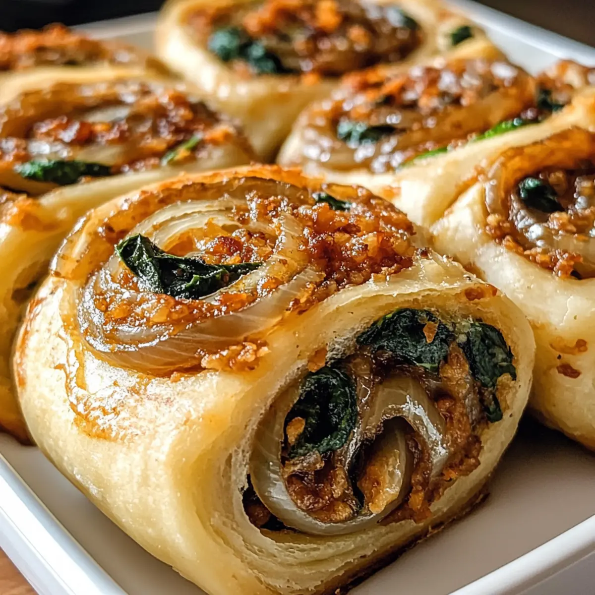 Vegane karamellisierte Zwiebel- und Spinat-Pizza-Rollen
