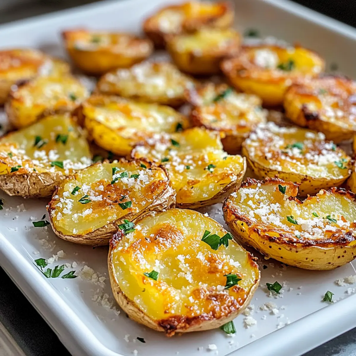 Gebratene zerdrückte Kartoffeln mit Knoblauch und Parmesan