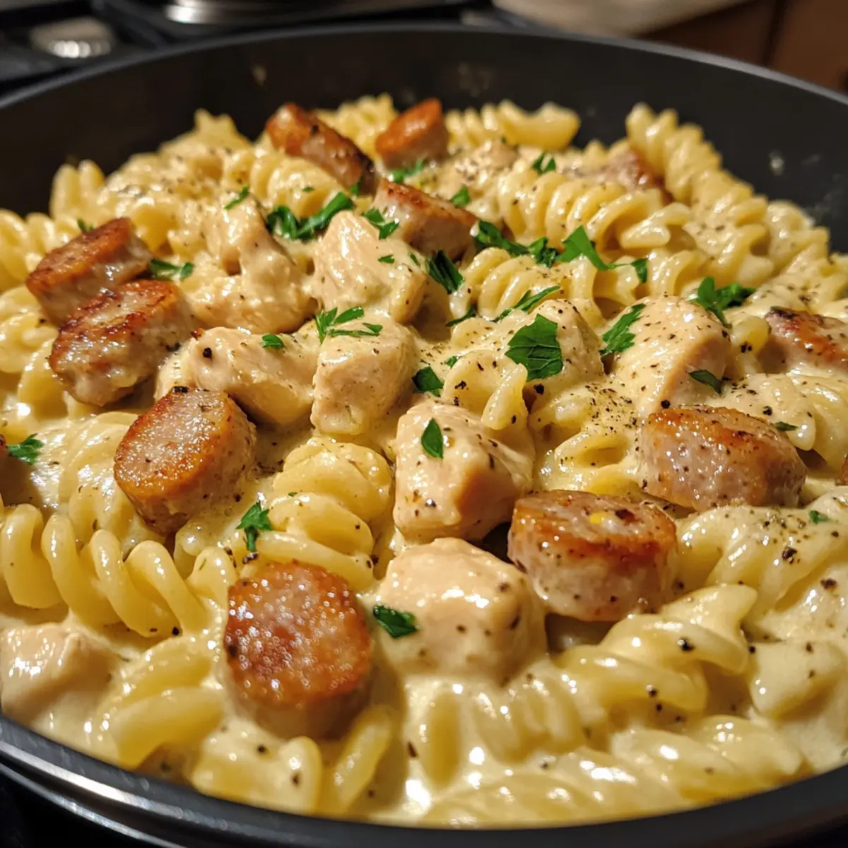 Cremige Pfefferjack-Hühnchen- und Wurstnudeln zum Verlieben