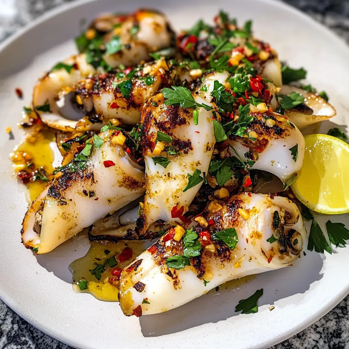 Gegrillter Tintenfisch mit Knoblauch und Chili
