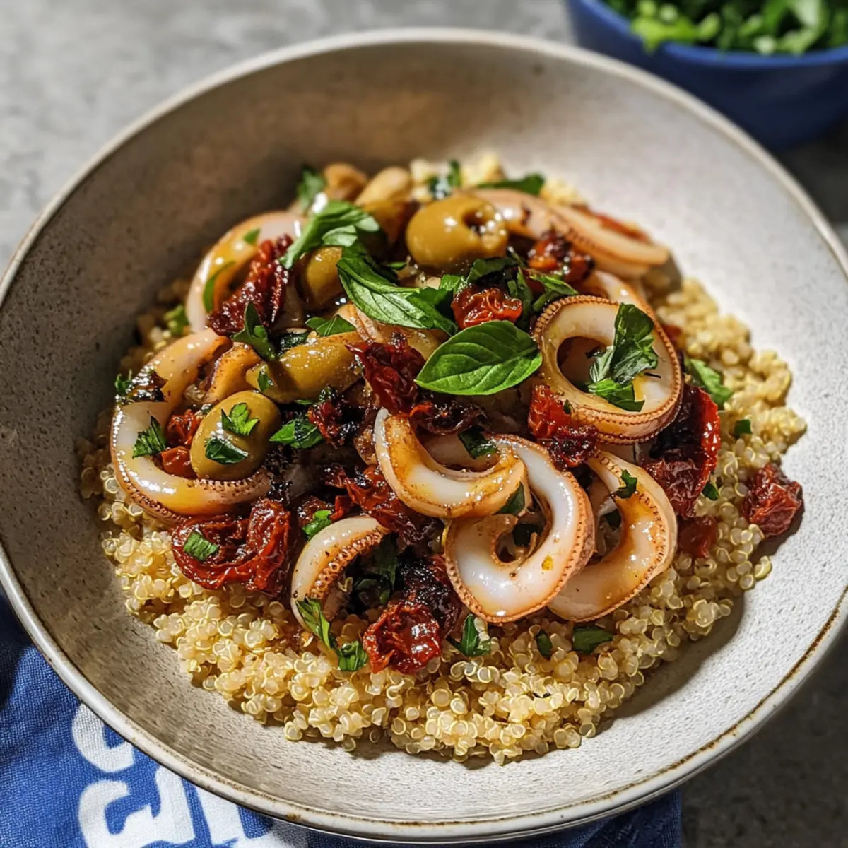 Gesunde Puttanesca-artig gebratene Tintenfische genießen