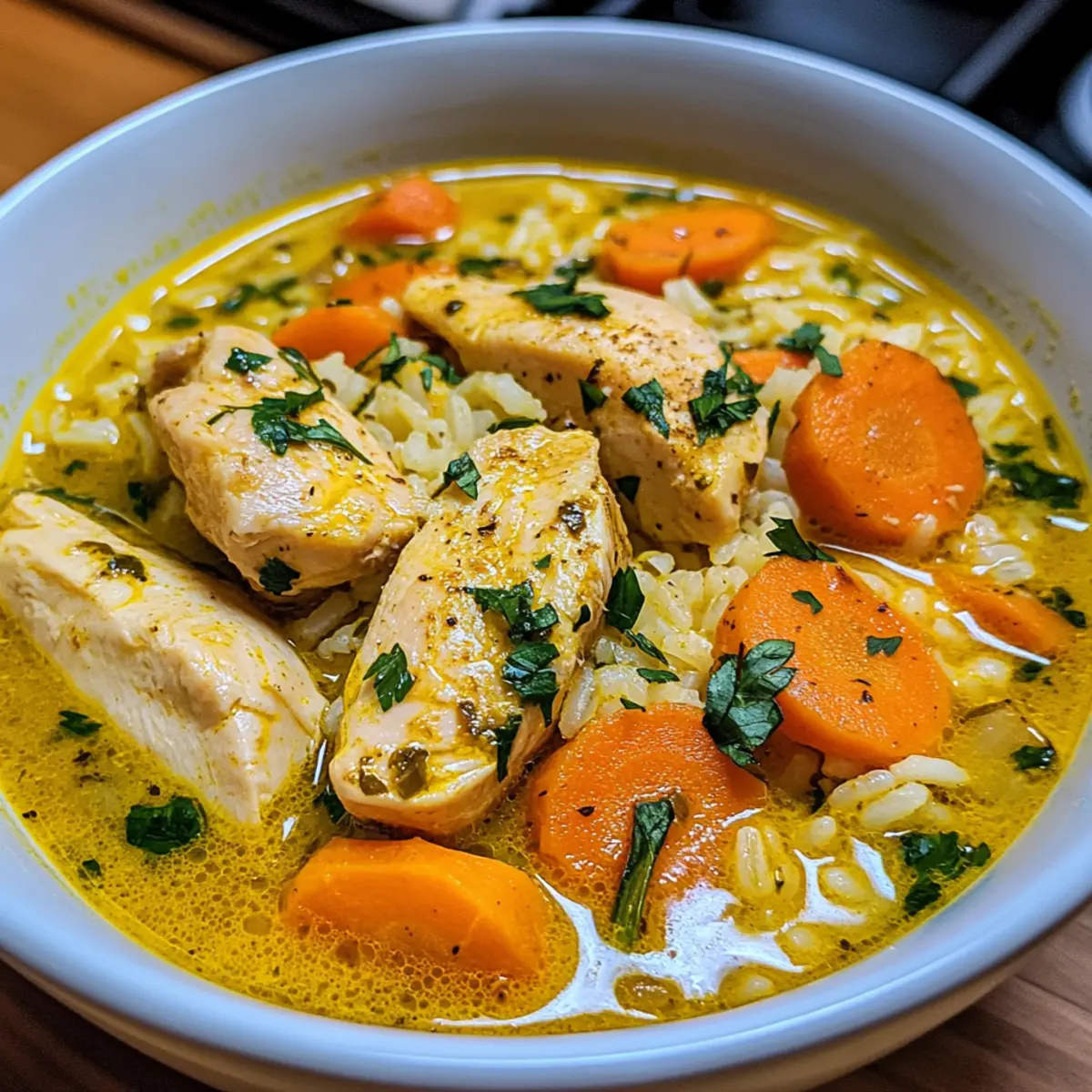 Zitronen-Ingwer-Kurkuma-Hühnchen-und-Reis-Suppe genießen