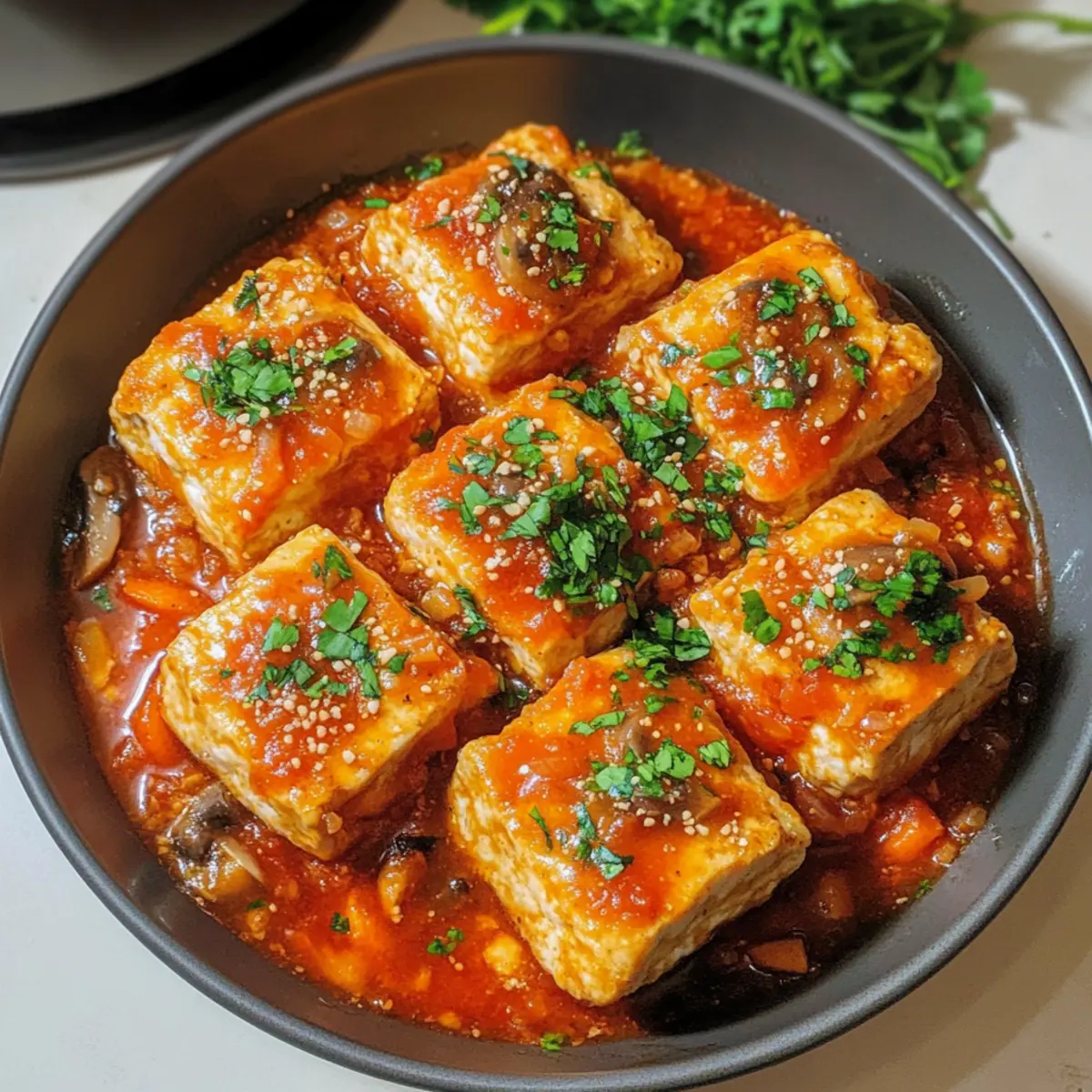 Gefüllter Tofu in würziger Tomatensauce genießen