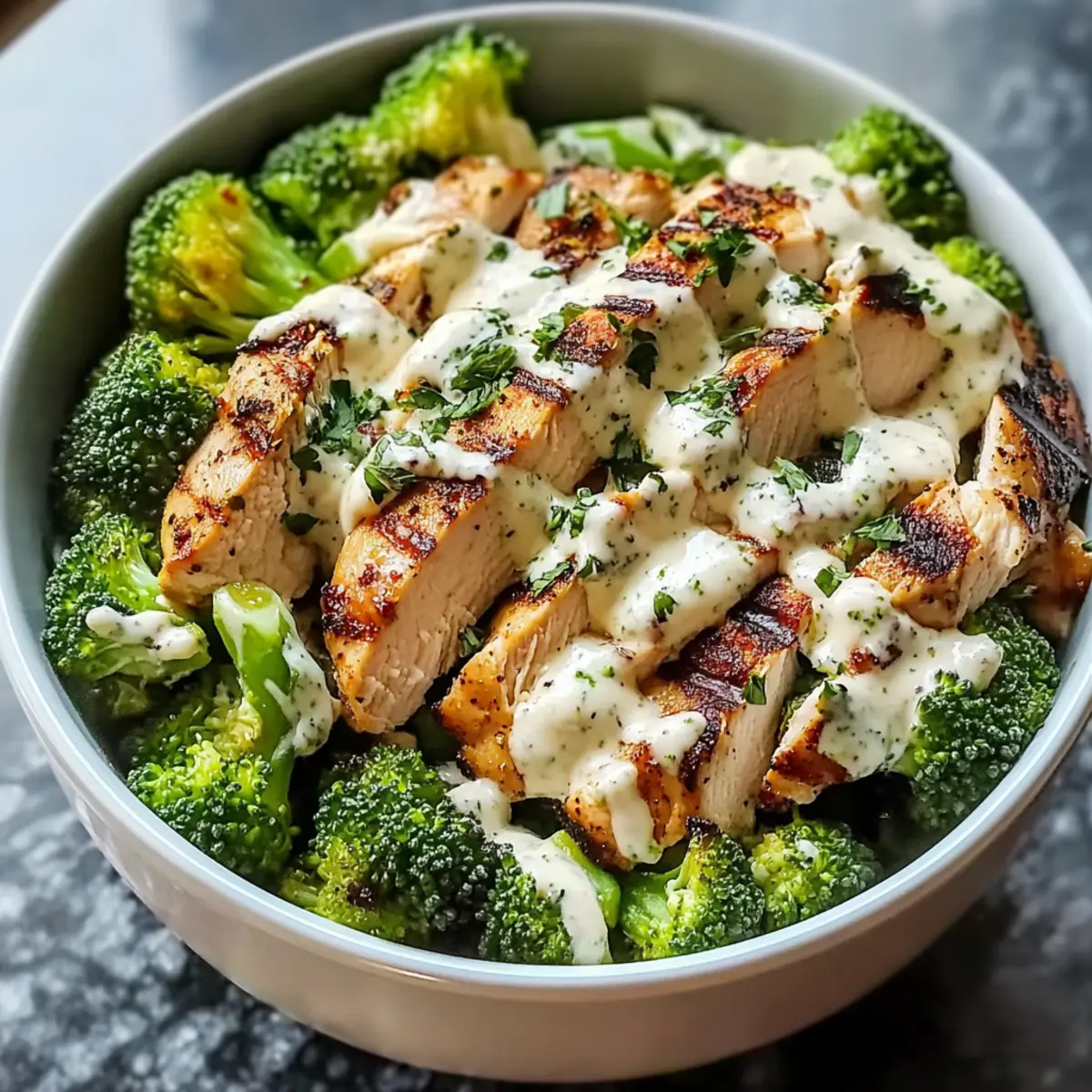 Gegrillte Hähnchen-Brokkoli-Schalen mit cremiger Knoblauchsoße