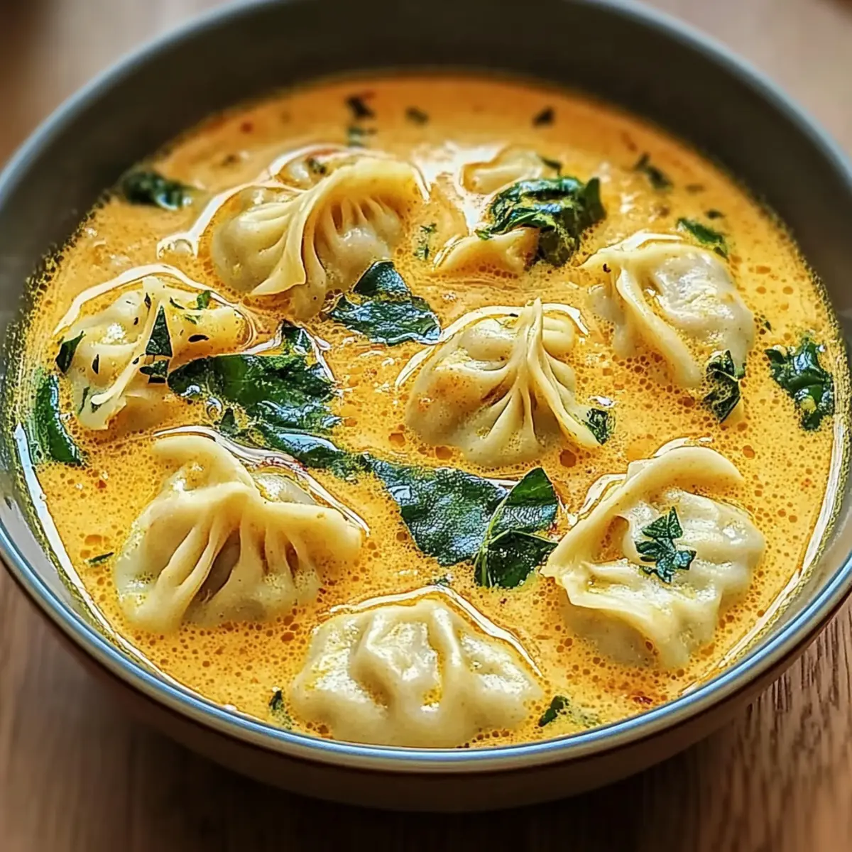 Cremige rote Currysuppe mit Knödeln und Gemüse genießen