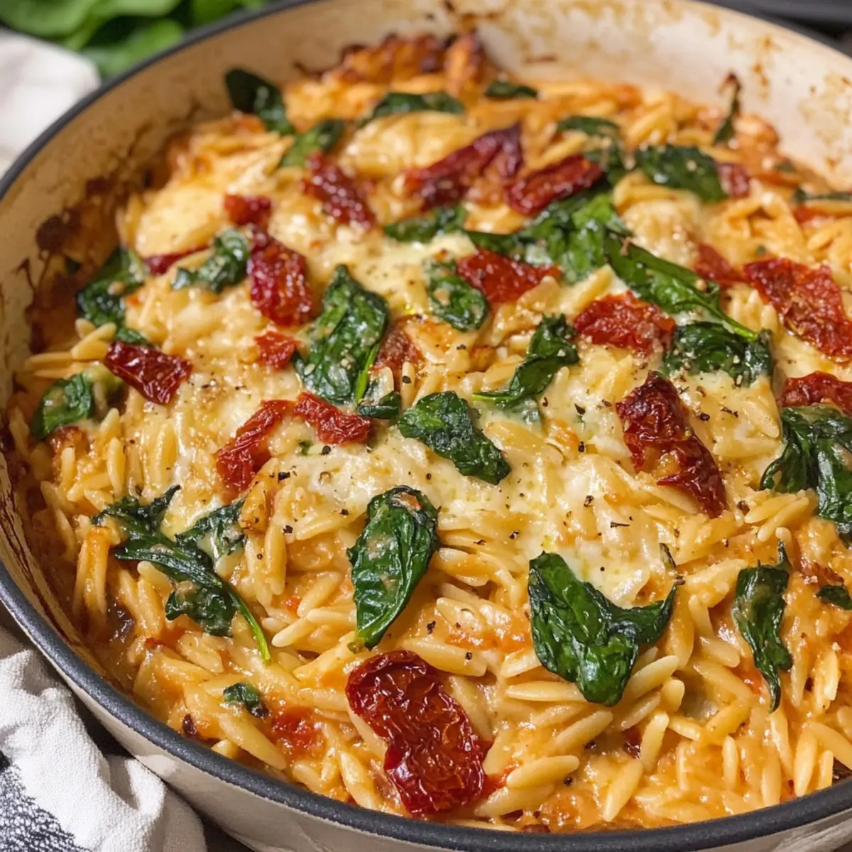 Spinat getrocknete Tomate Orzo Auflauf für Eilige