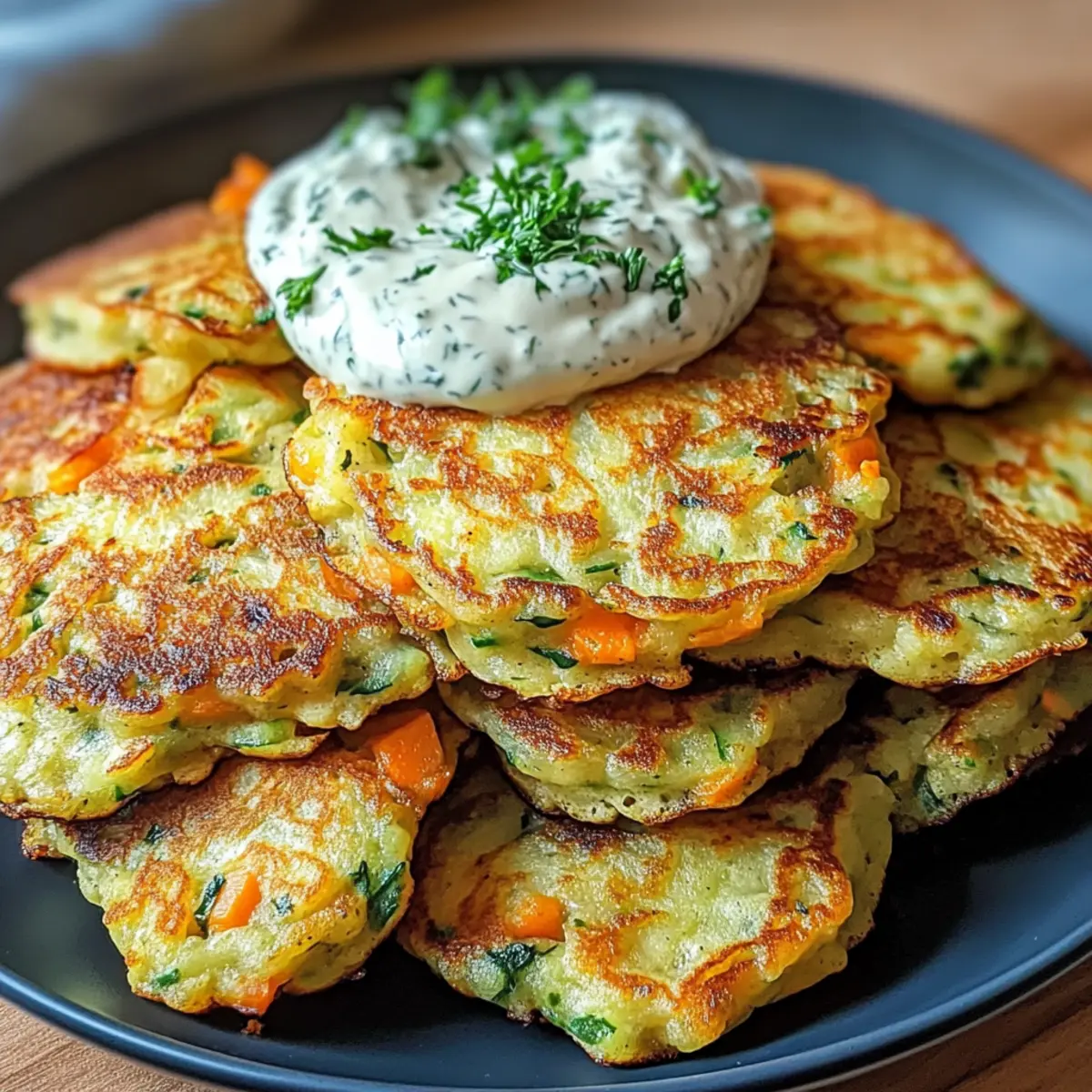 Gemüsepfannkuchen mit Kräuterdip für Zuhause