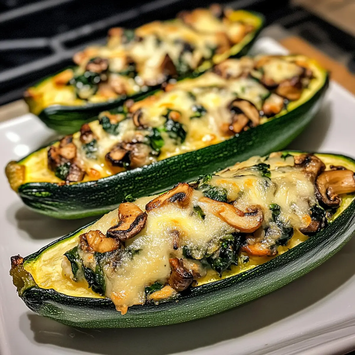 Spinat, Champignons und Ricotta gefüllte Zucchini-Boote