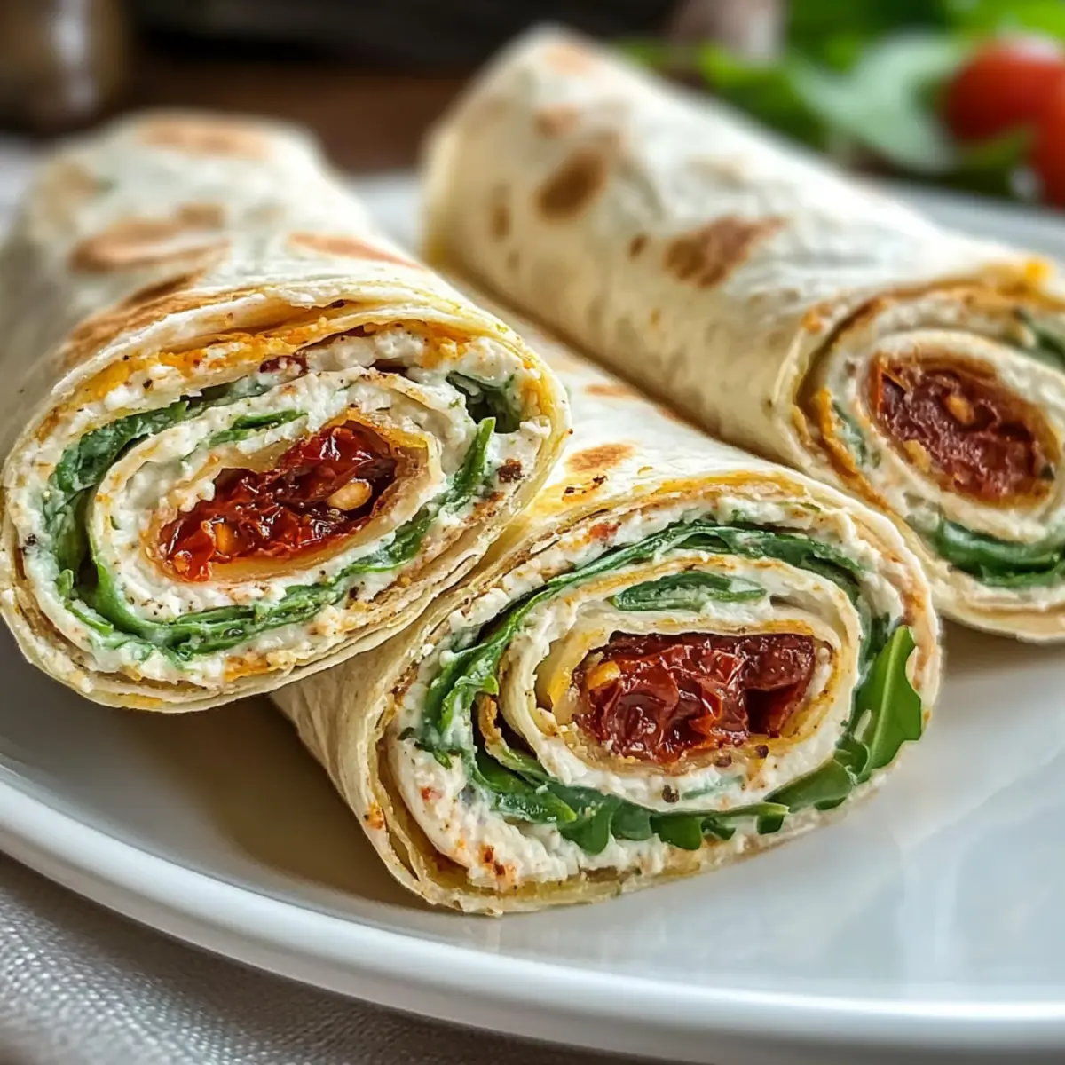 Vegetarische Wrap Röllchen mit Rucola und Tomaten Rezept