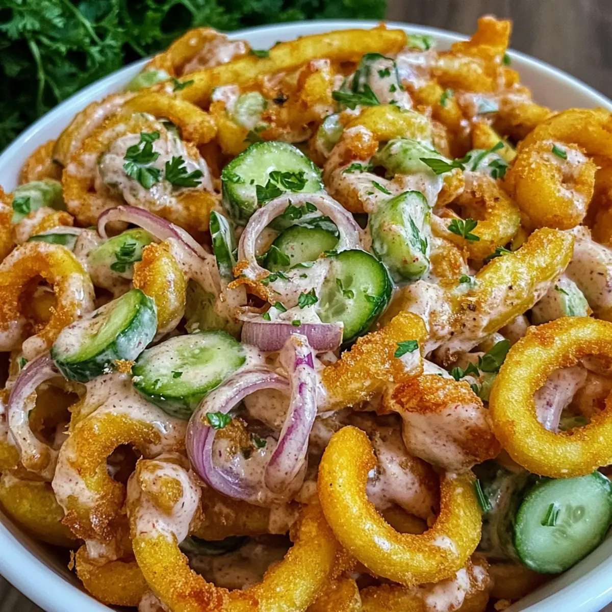 Curly Fries Salat mit cremigem Dressing für den Sommer