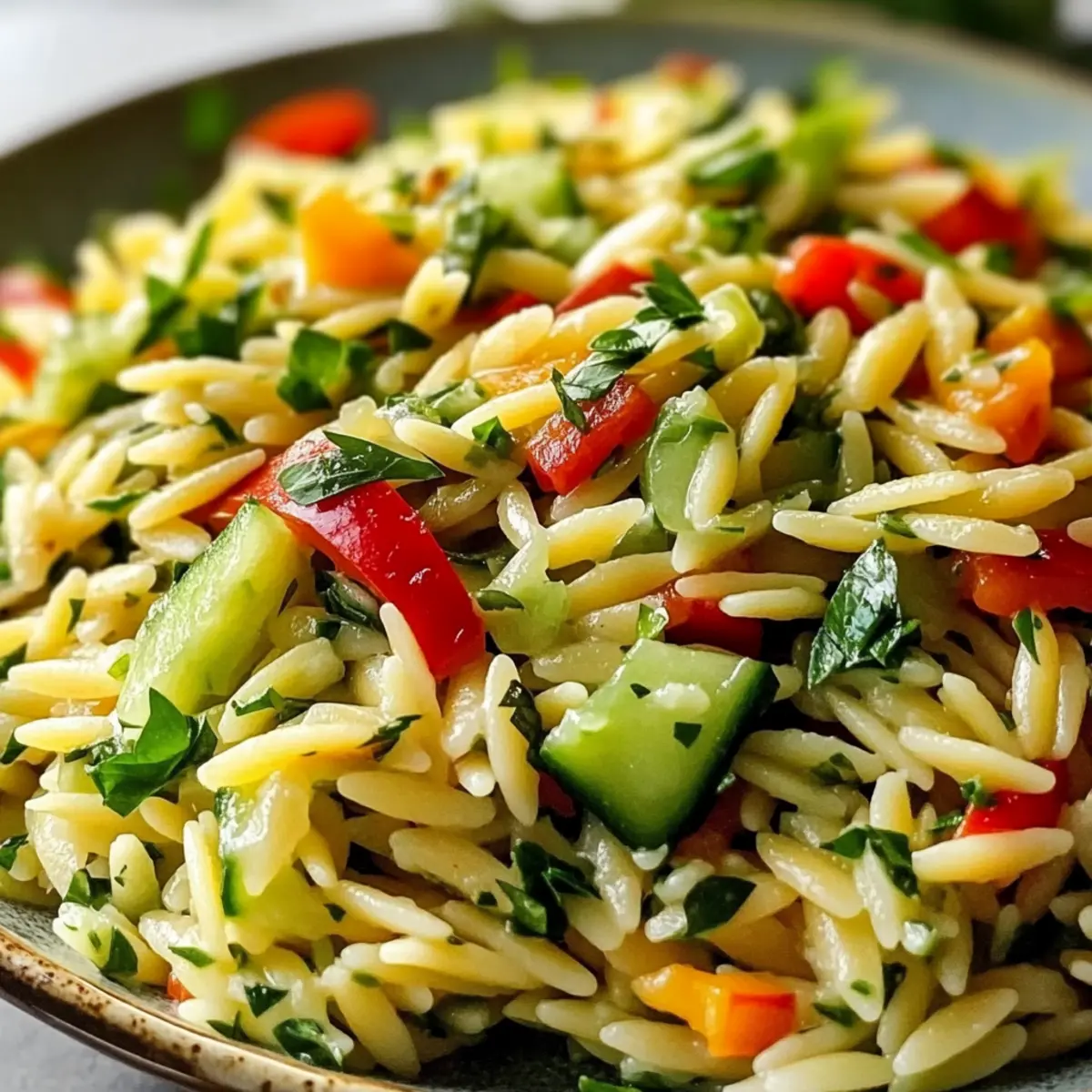 Frischer Orzo Salat mit Gurke und Paprika genießen