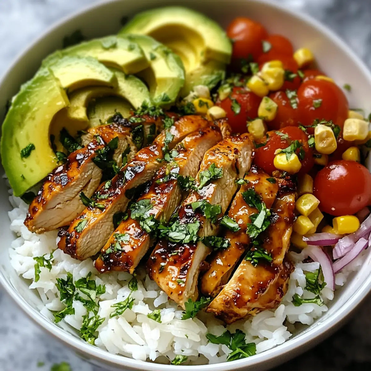 Honig-Limetten-Hühnchen und Avocado-Reis-Schüssel