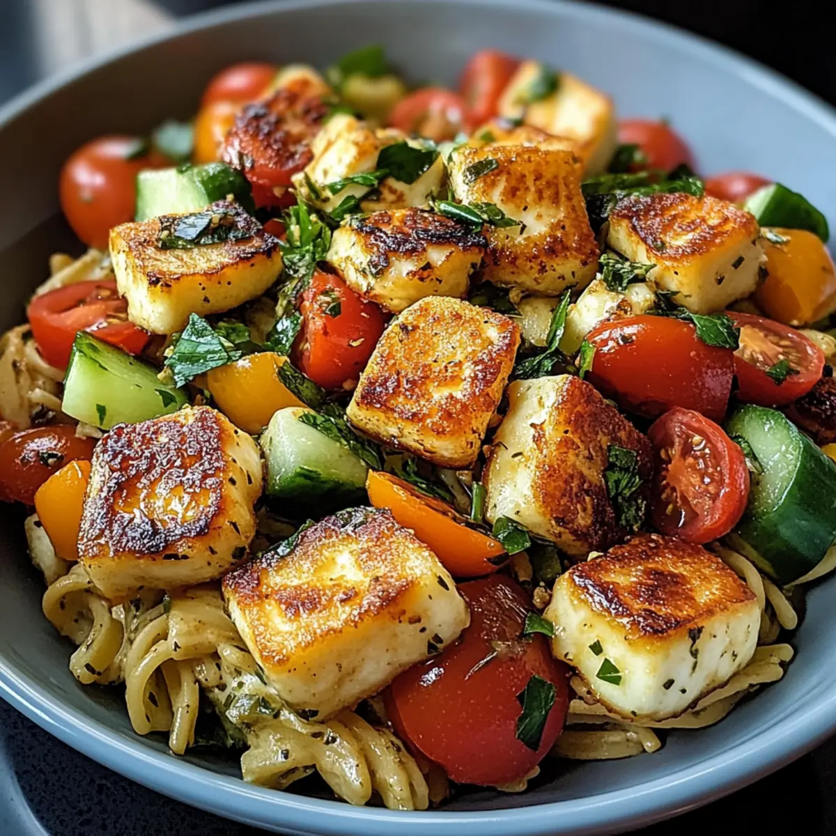 Kritharaki-Salat mit Halloumi-Croutons genießen