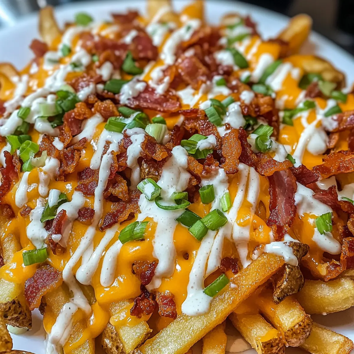 Beladene Pommes mit Ranch und Speck genießen
