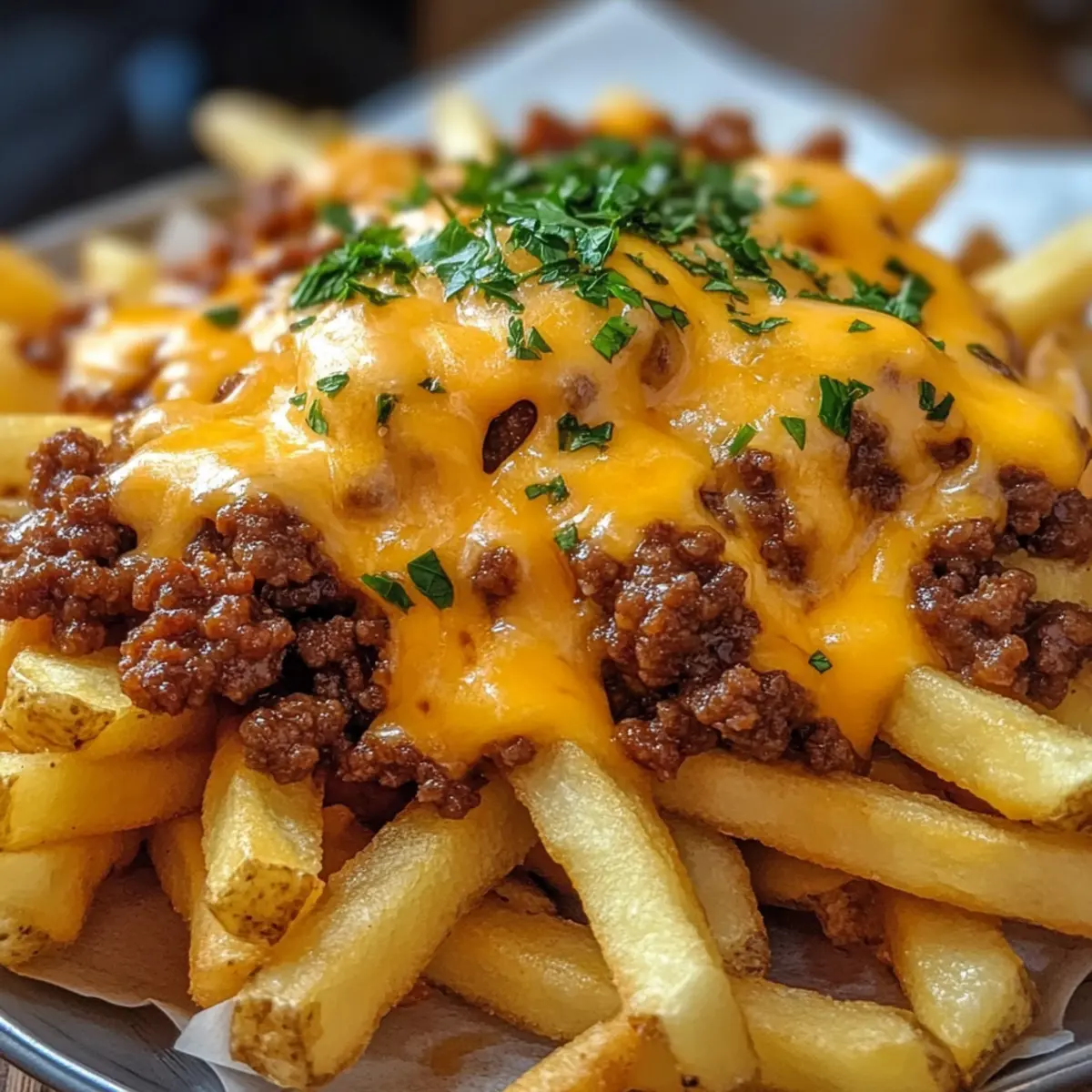Pommes Frites mit Hackfleisch und Cheddar für die ganze Familie
