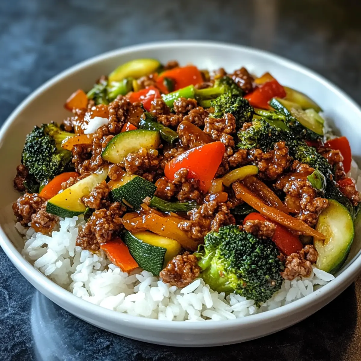 Scharfe Rinderhackfleisch-Wokschüssel mit Knoblauchgemüse