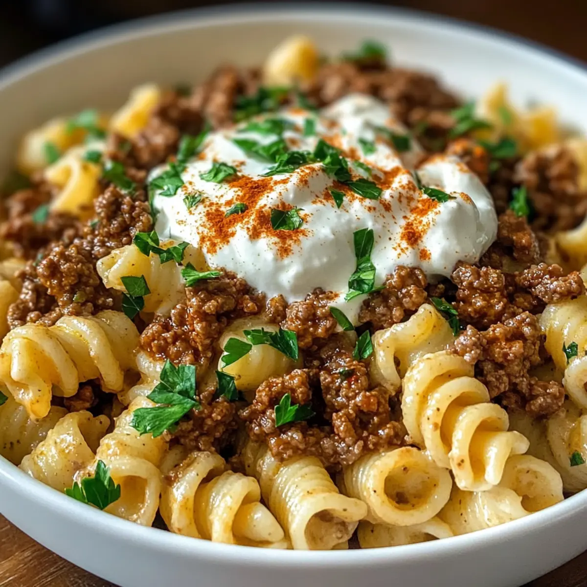Türkische Pasta mit Hackfleisch und Joghurt-Sauce